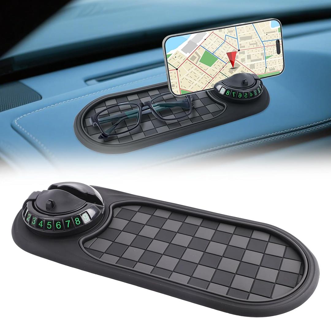 Multifunction Car Anti Slip Mat Phone Holder, Rotatable Anti Slip Mat for Car Dashboard with Temporary Parking Numbe