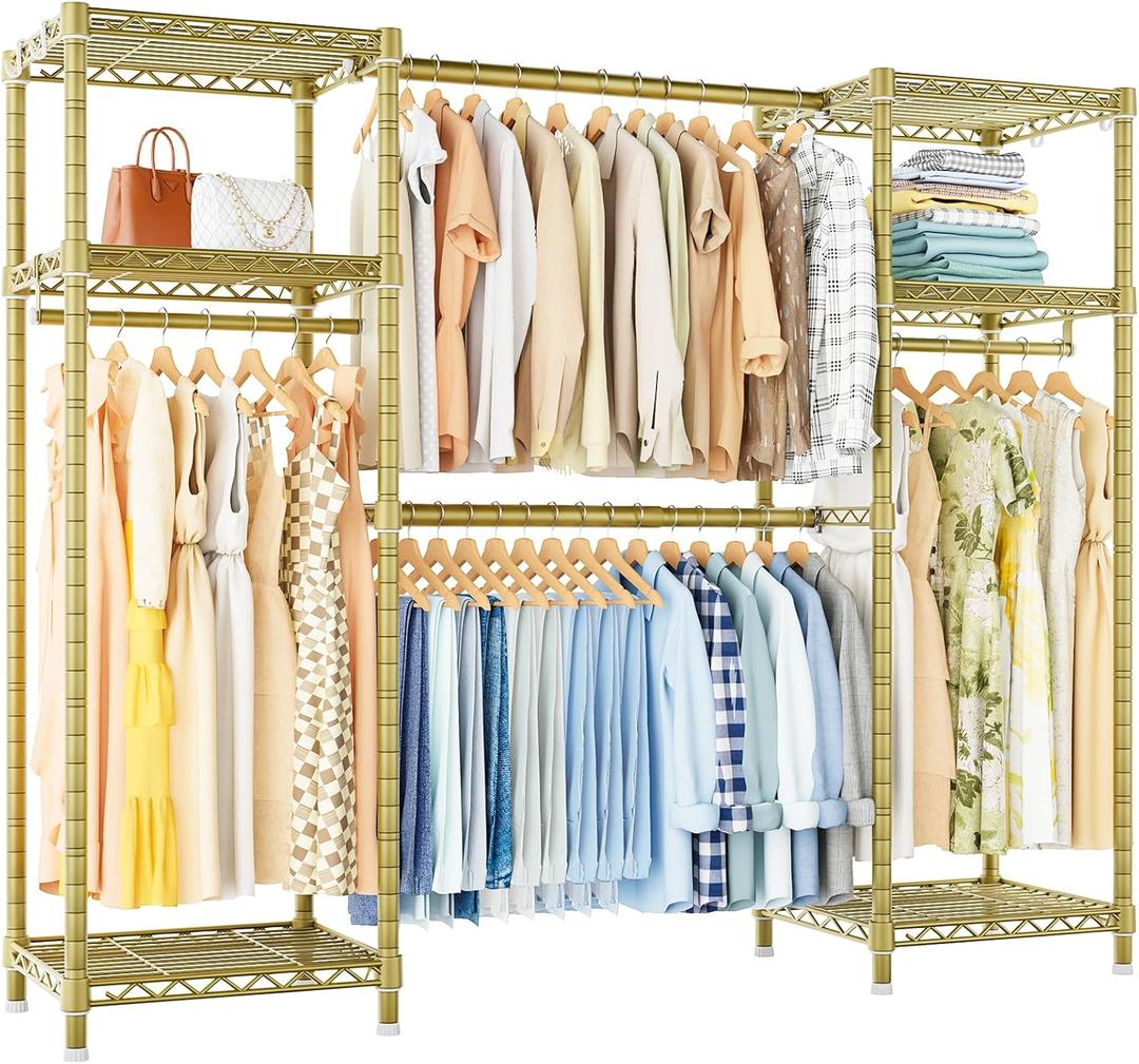 Ulif E7 Garment Rack, Heavy Duty Clothes Storage System with Extendable Hangers Rods, Metal Clothing Rack with 6 Wire Shelves, (52.3"-72") W x 14.5" D x 71.2" H, Load 838lbs, Gold