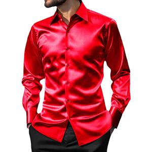 AOTORR Men's Luxury Shiny Silk Like Satin Button Up Dress Shirts Slim Fit Long Sleeve Nightclub Party Disco Prom Shirts XL