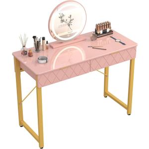 WESTREE Vanity Desk with 2 Drawers and Storage Shelf, Modern Makeup Table with Glossy Desktop, Gold Metal Frame Writing Desk for Bedroom or Home Office, No Mirror (40 Inch)