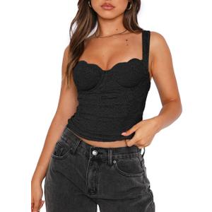 REORIA Women's Summer Sexy Square Neck Sleeveless Going Out Trendy Lace Bustier Tank Crop Tops (Large, Black)