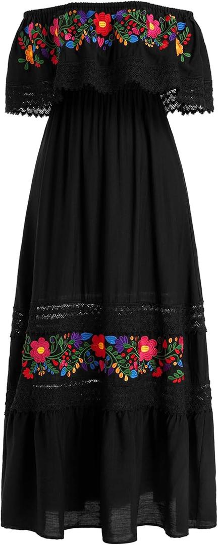 Mexican Dress for Women Traditional Off Shoulder Embroidered Present Casual Lace Long Maxi Dress Cinco de Mayo Outfit (XX-Large, Black)