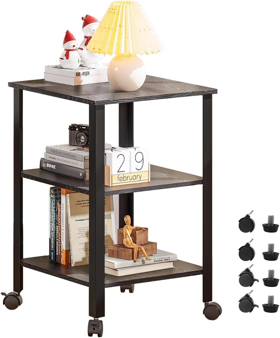 Side Table, End Table with Wheels, Printer Stand with 3-Tier Storage, Bedside Table, Bedroom, Office, Kitchen, Metal Frame, Easy Assembly -Grey (Medium)