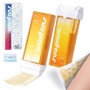 Waxfans Roll On Wax Refill,Wax Roller Refill for Hair Removal,Quick Melting - For Coarse and Fine Hairs.with 3.53 Ounce(Pack of 2) Honey Waxing Rollers, 50 Waxing Strips