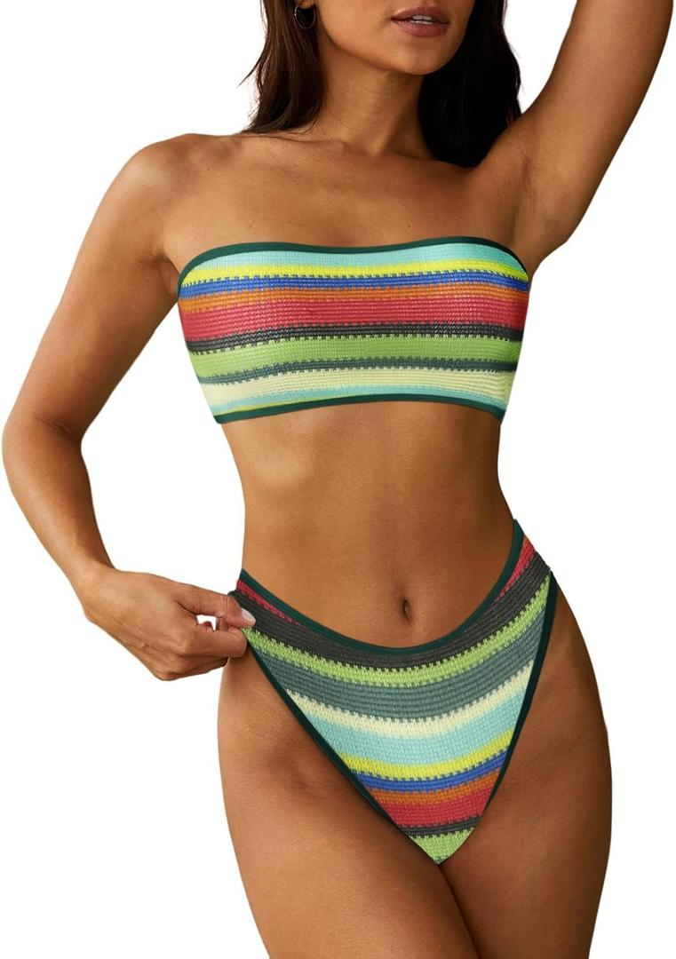 ZAFUL Women Strapless Textured Bandeau Bikini 2 Piece Swimwear Cheeky Solid Lace up Bathing Suits (Medium, 0-green)