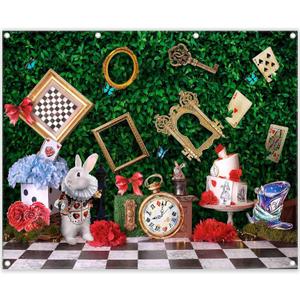 10x8ft Fabric Wonderland Enchanted Tea Party Photography Backdrop Kids Fairy Tale Green Grass Birthday Background Checkerboard Rabbit Photo Tapestry Props