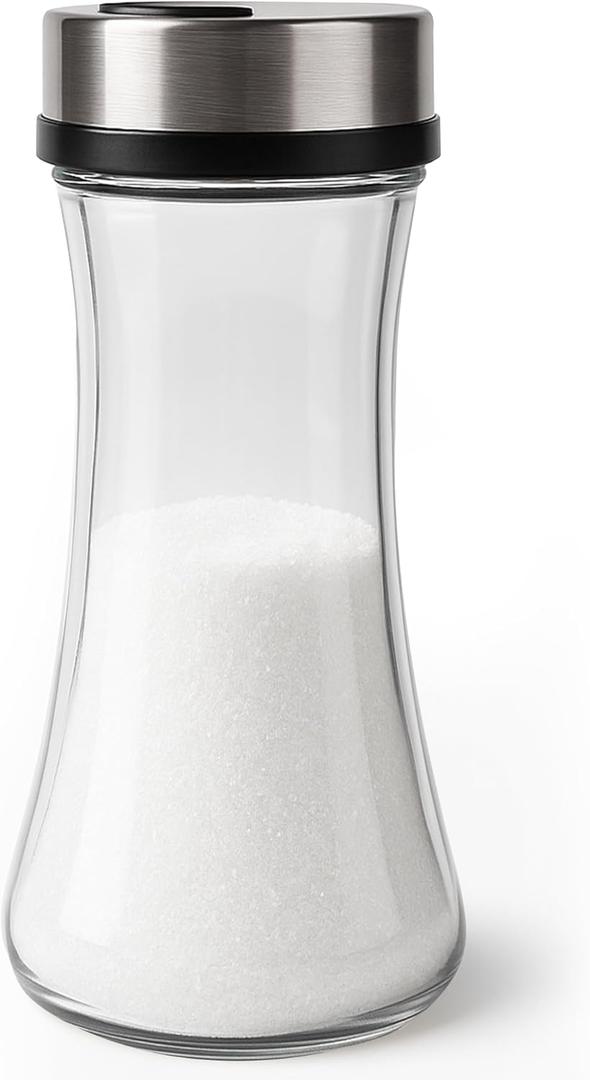 Loscarol Glass Sugar Dispenser with Adjustable 3-Hole Lid – 7 oz Sugar Shaker Jar for Coffee Bar, Tea & Baking – Airtight Glass Container with Smooth One-Handed Pour – Kitchen Countertop Accessory