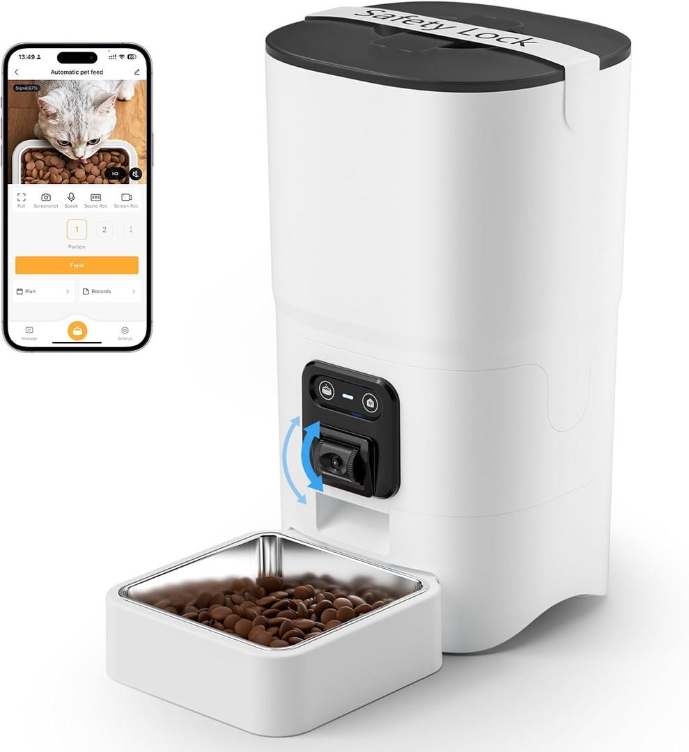 PAPIFEED Automatic Cat Feeder 6L 2.4G WiFi Smart Pet Feeder with Camera & Two-Way Audio, Adjustable Angle, Easy to Clean Detachable Feeding Schedule 1-10 Meals Per Day for Cats & Small Dogs - White