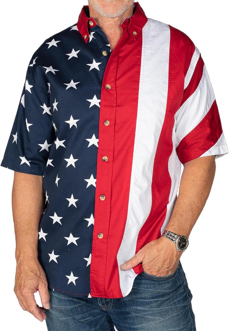 Flagshirt Men's Half Stars Half Stripes American Flag Shirt - Button-Up, Red, White & Blue (XL)