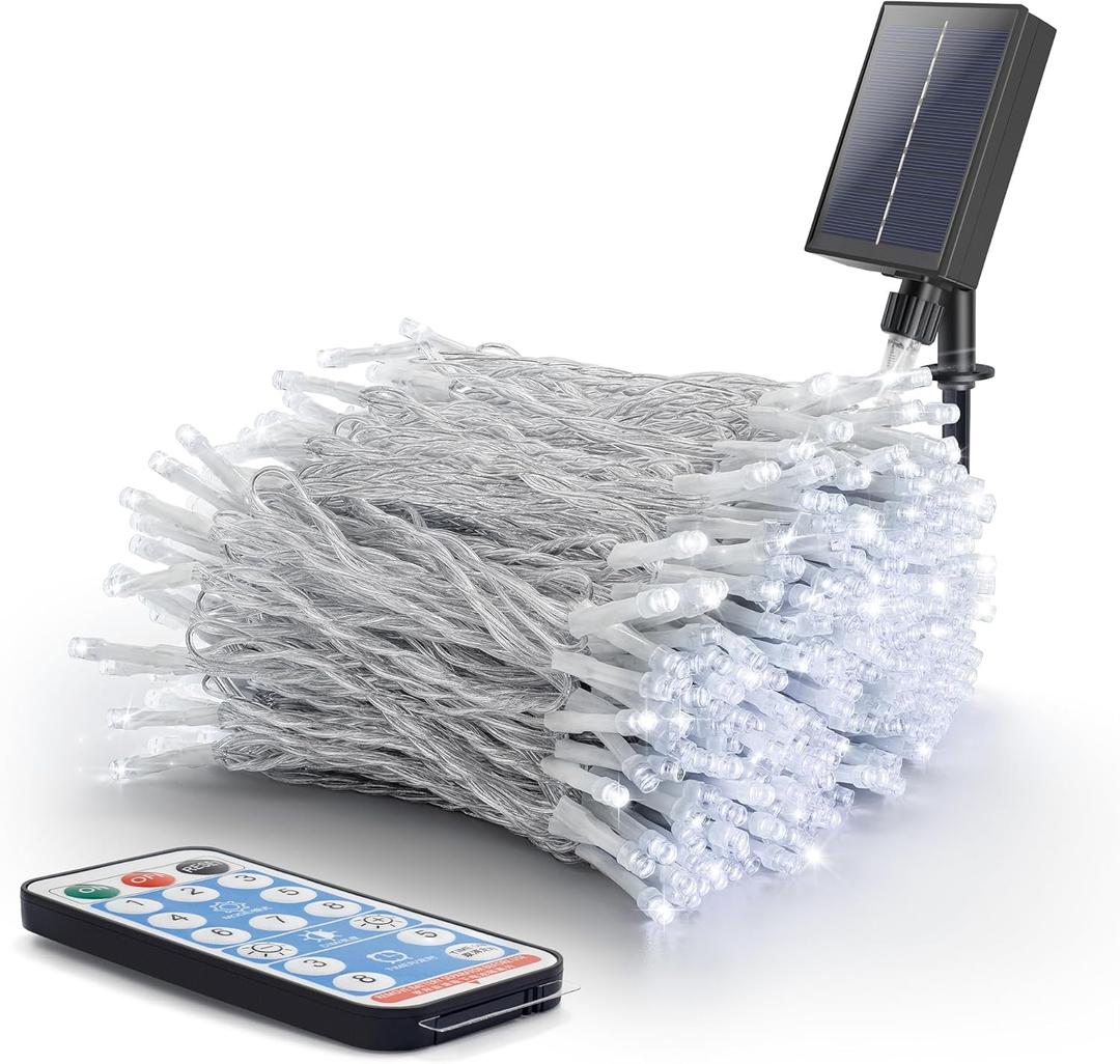 Solar String Lights Outdoor,500 LED 165FT Christmas Lights with 8 Modes and Timer, Remote Control for Holiday Patio Garden Party Decor(White) (Transparent Wire)