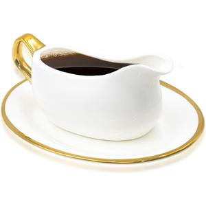 14 oz Gravy Boat with Tray, Ceramic Sauce Boat with Gold Trim Ergonomic Handle and Dripless Lip Spout for Salad Dressings, Creamer, Broth, Black Pepper, White