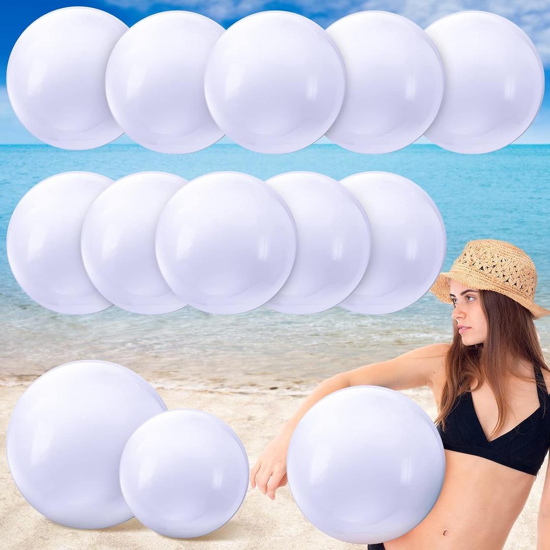 Sinmoe 12 Pieces Large gaint Inflatable White Beach Ball Bulk Solid Swimming Pool Floating Blow up Ball DIY Paint Craft for Boys Girls Hawaii Luau Birthday Beach Summer Party(16 Inch, 24 Inch,White)