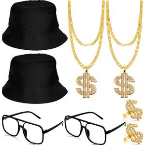 Gejoy 8 Pack Hip Hop Costume Kit 80s 90s Rapper Accessories for Men Women Sunglass Hat Chain Ring Mardi Gras Carnival Decor