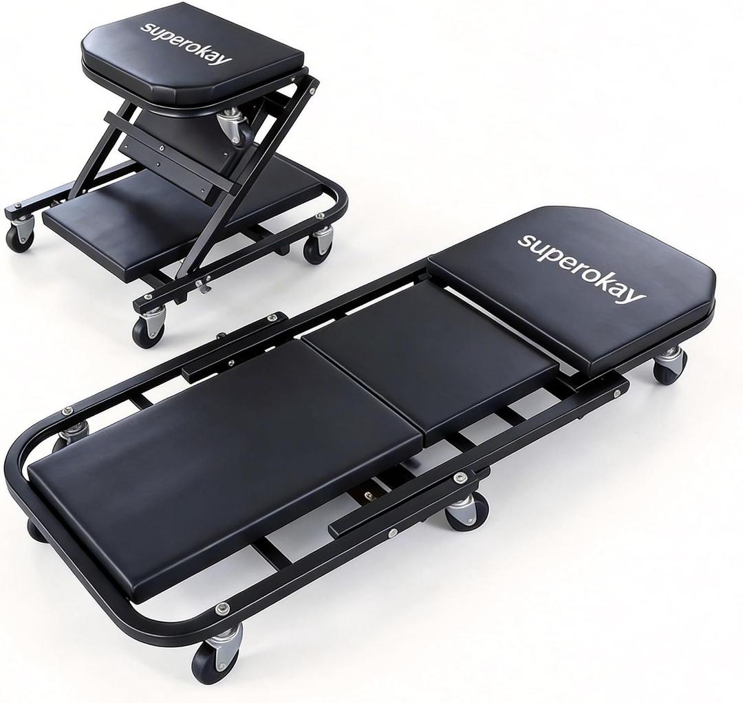 superokay 2-in-1 Folding Creeper Seat, 36-Inch Professional Mechanic Cart with 6 Casters, 300 lbs Capacity Rolling Creeper for Garage & Shop, Foldable Z Creeper Seat with Tool Tray