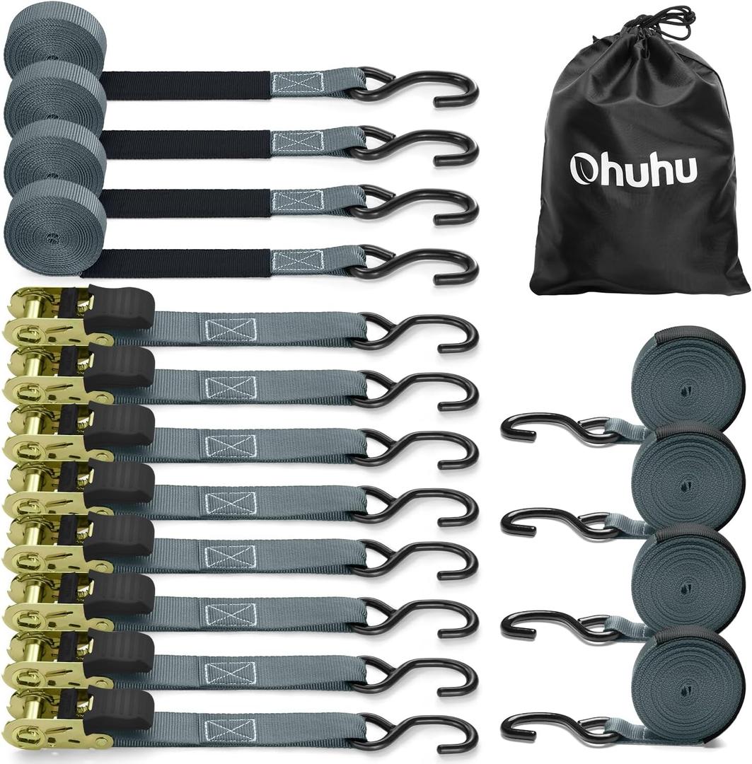 Ohuhu Ratchet Tie Down Strap 15 Ft - 500 lbs Load Cap with 1500 lbs Breaking Limit, Ratchet Tie Downs Logistic Cargo Straps for Moving Appliances, Motorcycle (Grey, 8-Pack)