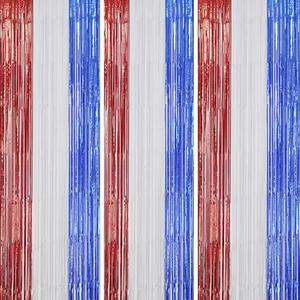 DECOCKRAT 3 Pack Foil Fringe Backdrop - Red & White & Blue Shiny Tinsel Curtains for Party Decoration/Photo Booth Props - 3.3x8.2 FT Metallic Foil Backdrop for Birthday, Wedding, Graduation, Christmas.