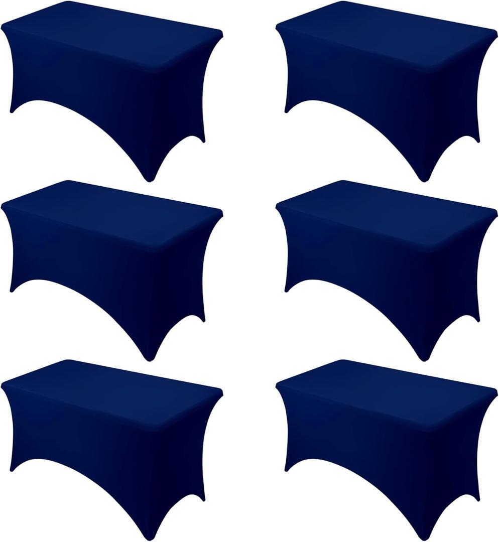 6-Pack Premium Navy Blue Spandex Tablecloths for 4ft Rectangle Tables, Stain & Wrinkle-Resistant, Washable Stretch Polyester Fitted Table Cover for Weddings, Banquets, Trade Shows Events