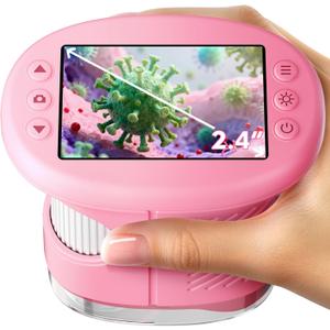 Odatay 4K 1000X Digital Microscope for Kids with Long Distance Viewing & 2.4" Screen, Portable Handheld Edu Toys for Kids Exploring Bugs Plants at Home Classroom & Outdoor Travel, Bright Pink