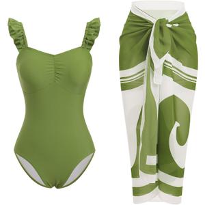 IDOPIP Women's One Piece Swimsuit with Beach Cover up Wrap Skirt Sarong Retro Floral Print Bikini Set Two Piece Bathing Suits (Medium, Green Print 2pcs)