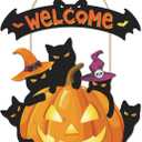 TOARTi 2Pcs Halloween Welcome Front Door Signs Black Cats Welcome Wall Signs Vintage Pumpkin Wall Hanging Bats Wood Sign Halloween Cats Hanging Decor for Porch Outdoor Party Decorations
