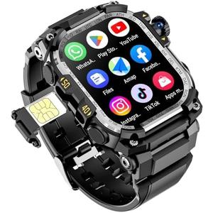 4G SIM Card Android Smartwatch with GPS & WiFi, Military Outdoor Watch for Men, App Downloadable, 2.06" AMOLED Large Screen for Video Chat, HD 180° Rotatable Camera, Health Activity Tracker (Black)