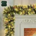 9FT Flocked Christmas Garland with 100 Lights for Mantle - Prelit Christmas Garland Lighted Xmas Garland Pine Cone Berry Cebar Garland Lights with Timer Outdoor Indoor Decorations