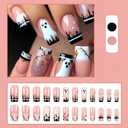 Halloween Press on Nails Square Fake Nails Medium Long False Nails with Ghost Forest Design Glue on Nails Star Sky Glossy Acrylic Nail Full Cover Stick on Nail for Women 24 Pcs