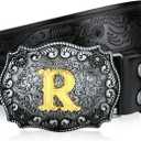 Mens Western Cowboy Cowgirl Faux Leather Belt Longhorn Bull Pattern Letter Big Buckle Embossed Floral Belts (38 (Fits Waist 36"-37"))