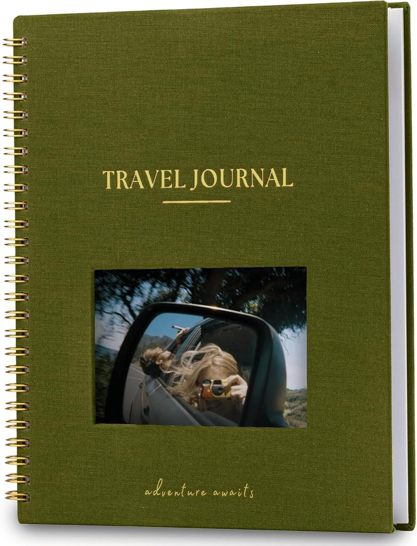 Nook Theory Personalized Travel Journal for Women, Men - Linen Travelers Notebook, Adventure Book with Prompts, Perfect for Travel Gifts (Olive)