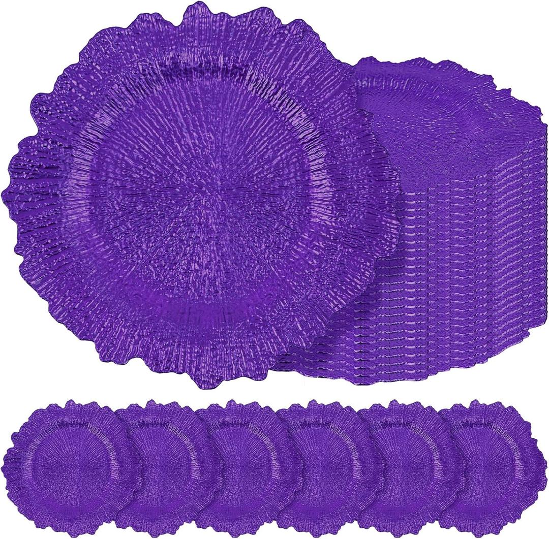 24 Pcs Purple Charger Plates Bulk 13 Inch Plastic Charger Plates for Dinner Plate, Purple Chargers for Table Setting, Reef Design Plate Floral Decorative Round Chargers for Wedding Party Event