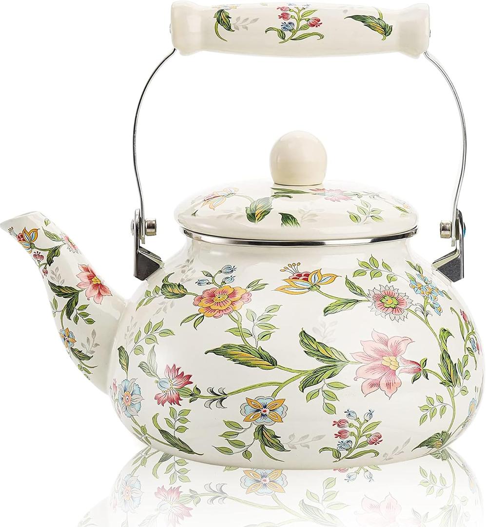 Enamel Teapot floral,Large Porcelain Enameled Teakettle,Colorful Water Tea Kettle pot for Stovetop,Small Retro Classic Design (style01 Growing)