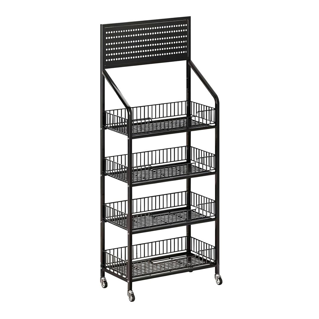 4 Tier Supermaket Snack Rack Display Stand, Free-Standing Black Retail Display Shelves with 12 Hooks & 4 Wheels, Large Metal Snack Shelf for Store Business