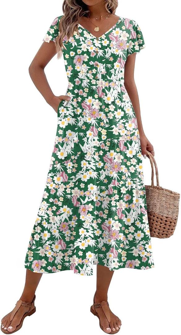 Zeagoo Spring Dresses for Women 2025 Casual Short Sleeve Midi Dress V Neck Tiered Vacation Dress with Pockets Green Floral XXL