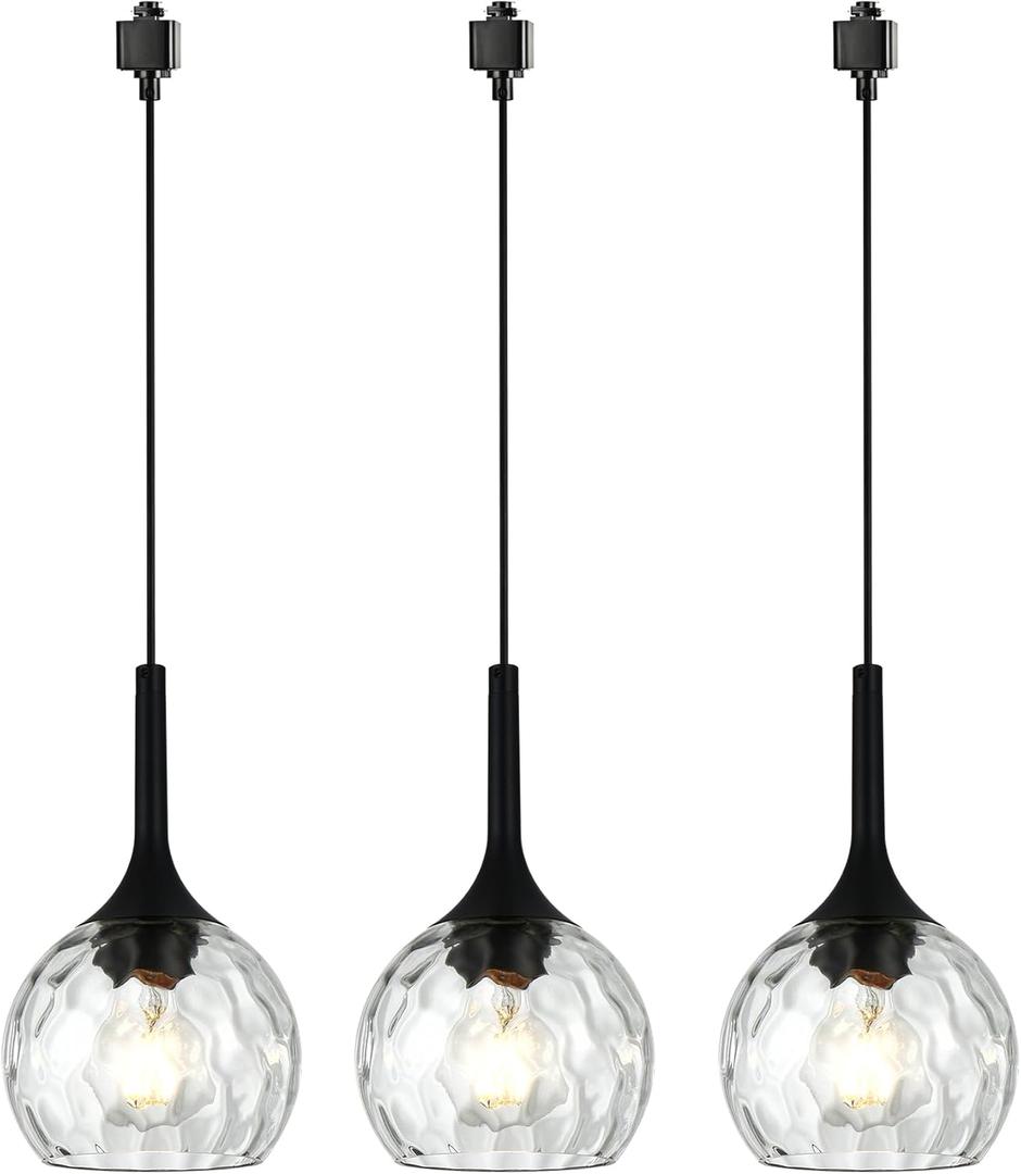 VINLUZ 3 Pack H-Type Matte Black Track Lighting Pendant Industrial Kitchen Island Lighting with Round Ribbed Glass Shades, Hanging Chandelier for Dining Room