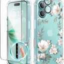 GVIEWIN for iPhone 16 Case, with Screen Protector & Camera Lens Protector, Floral Shockproof Protective Bumper Slim Soft Clear Phone Cover for Women 2024 6.1" (Magnolia/White)