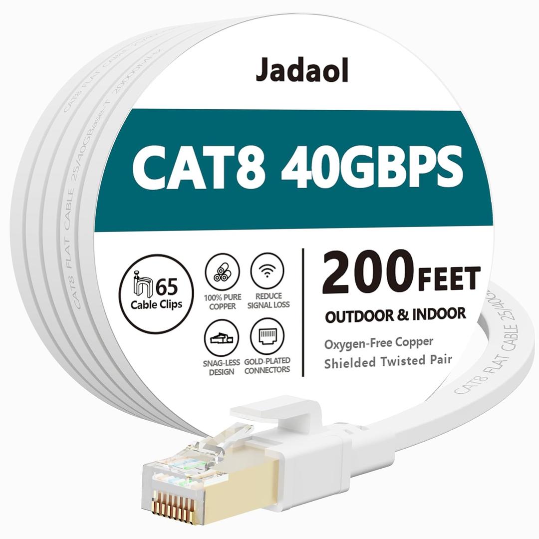 Jadaol Cat 8 Ethernet Cable 200ft (60.96m), 40Gbps 2000MHz Flat S/FTP LAN Patch Cable, High-Speed Cat8 Network Cable for Router, Modem, Switch, Gaming Consoles, PC, Smart TV & Streaming Devices, White