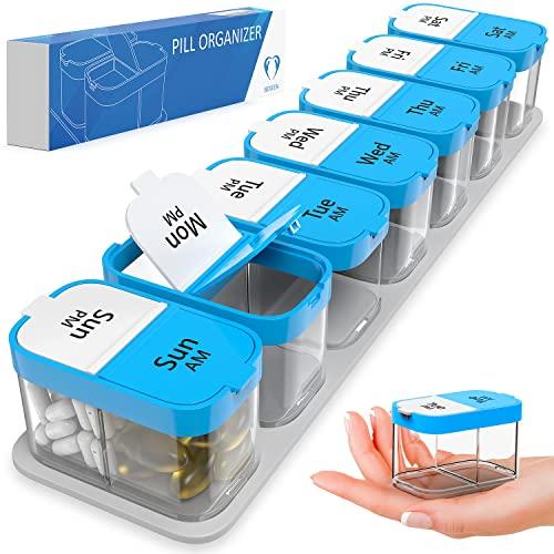 Extra Large Weekly Pill Organizer - XL Daily Pill Box - 7 Day Am Pm Pill Case Jumbo Pill Container for Supplements Big Pill Holder Twice A Day Oversized (Blue/White)