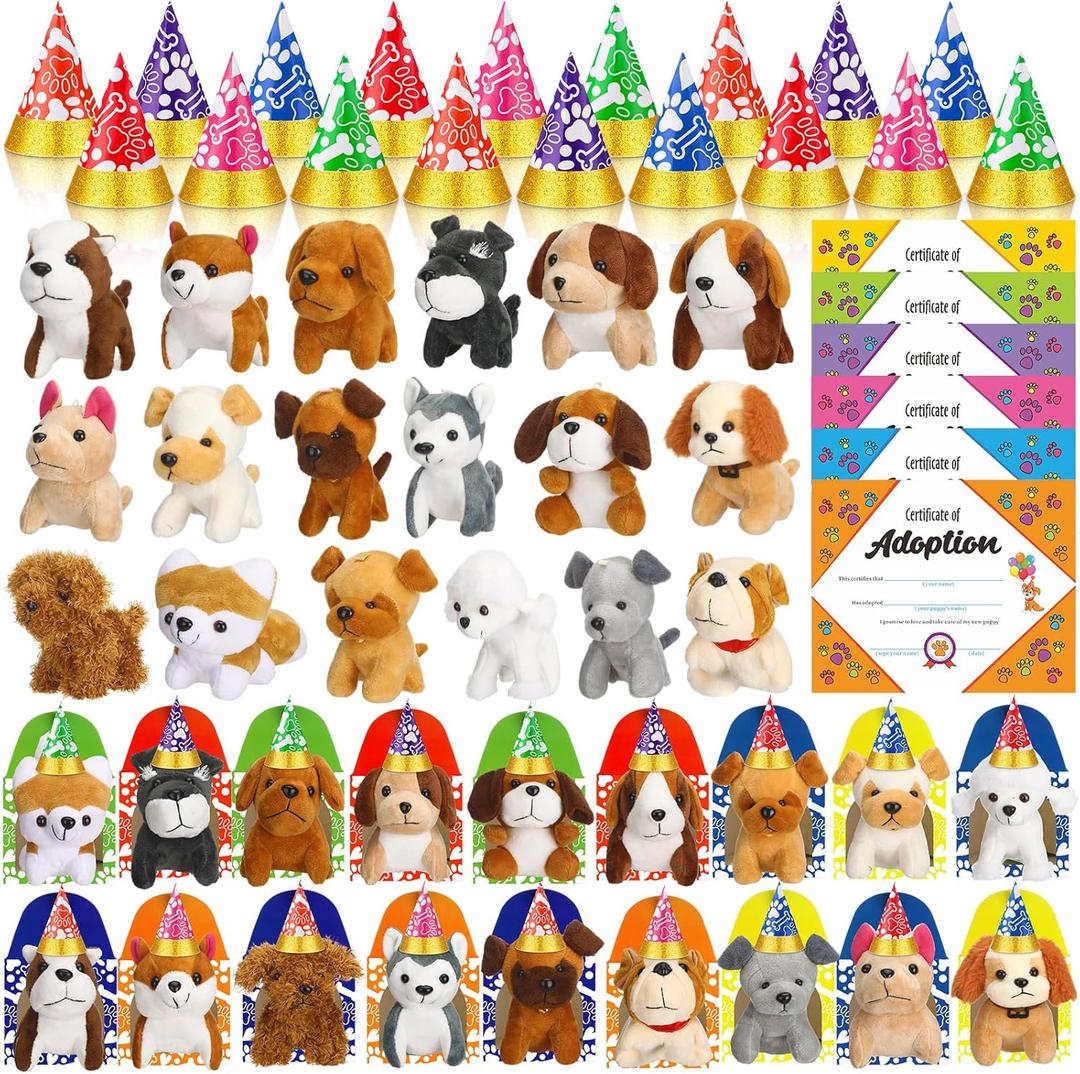 Gejoy 72 Pcs Adopt a Puppy Supplies Party Favors Include 18 Mini Plush Dog 18 Pet Birthday Hats 18 Puppy Adoption Certificate 18 Kraft Boxes for Pet Birthday Party Set Gifts(Cute Dog)