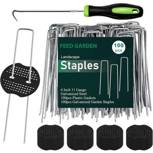 FEED GARDEN 6 Inch 100 Pcs Galvanized Landscape Staples 100 Pcs Gaskets Pick Hook Garden Stakes 11 Gauge Anti-Rust Landscaping Fabric SOD Pins U Shaped Yard Turf Stakes for Weed Barrier Fabric