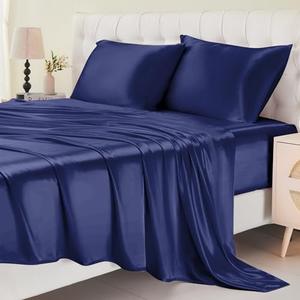 Cibhlea Satin Sheets, Twin Size Sheets Set, 4 Pcs Cooling Soft Bed Sheets, Silky Bedding Set Navy Blue