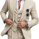 Retro Beige Linen Mens Suit Notched Lapel Slim Fit Cream Wedding Suits for Men 3 Pieces Light Weight Jacket Blazer Homecoming (Beige, M)