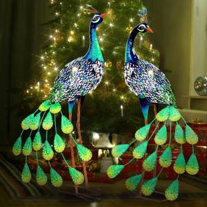 Kircust Solar Metal Peacock Statues - Set of 2 Weatherproof Outdoor Decor with Solar Lights for Garden, Yard, or Patio - Elegant Peacock Gifts (Green/Blue)