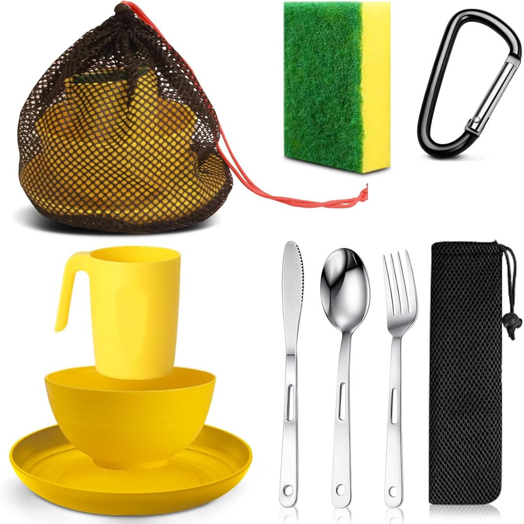 Scout Camping Mess Kit for 1 Person Boy Scout Dishes Set Girl Scout Mess Kit with Mesh Bag Reusable Light Weight Eating Utensils Plastic Camping Cutlery Set for Travel Camp (Yellow)