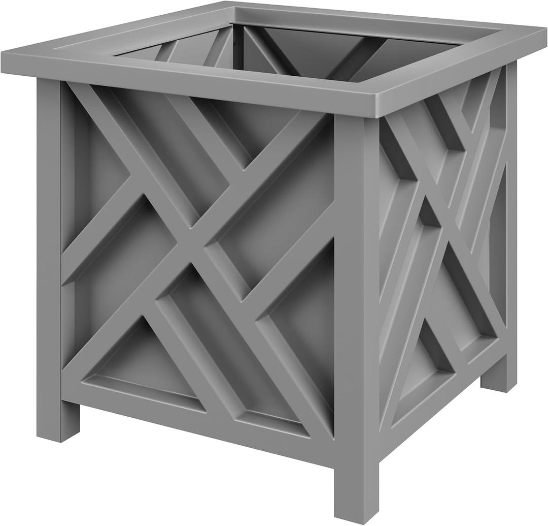 Lattice Design Outdoor Planter Box - 15.5 Square 16.5 Tall Gray Plant Pot - Decorative Plant Pots for Front Porch Decor - Flower Pots Outdoor Planters for Porch Patio or Garden Decor by Pure Garden