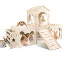 Large Rabbit Hideout Bunny Castle, Wooden Bunny House & Hay Feeder, Detachable Rabbit Hideaway, Indoor Rabbit Castle with Ramp, Small Animal Houses & Habitats