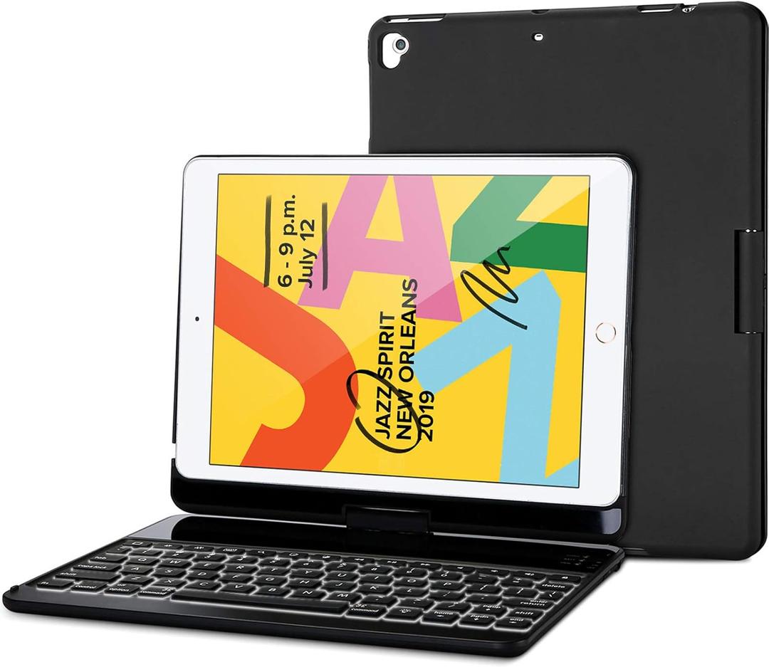 ProCase 360 Rotation Keyboard Case with 7 Colors Backlit for iPad 10.2" (2021 9th Gen/ 2020 8th Gen/ 2019 7th Gen), Protective Smart Cover with Wireless Keyboard for 10.2 iPad 9th/8th/7th -Black