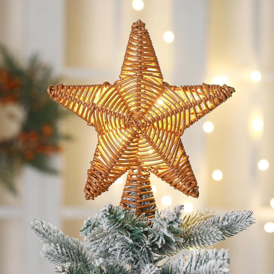 Hoteam Christmas Rattan Star Tree Topper 8 Inch Faux Rattan Star Tree Topper with Warm Lights Rustic Bohemian Style Decoration Christmas Decor for Xmas Ornaments Holiday Party Indoor Home