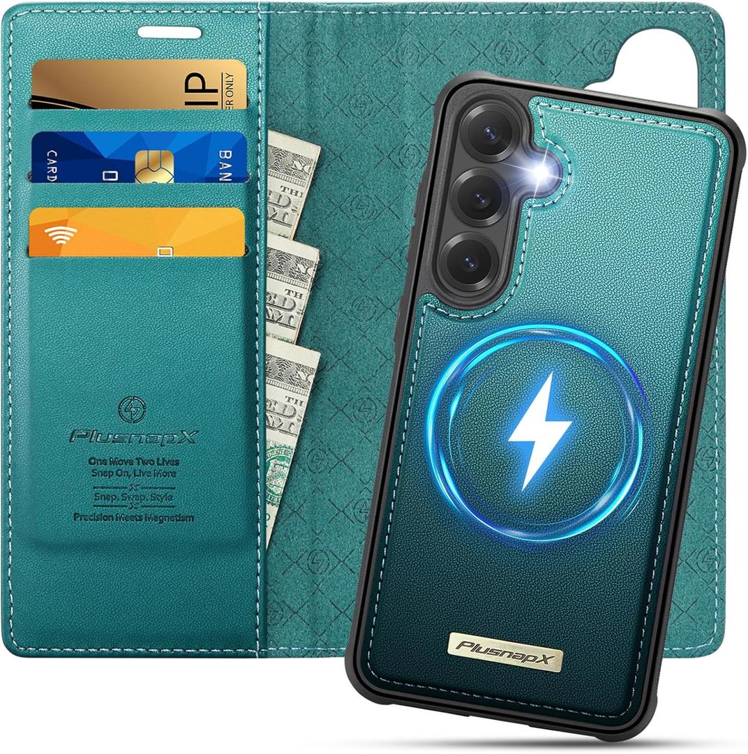 Wallet Case for Samsung Galaxy S25 Compatible with Magsafe, 2-in-1 PU Leather Flip RFID Blocking Card Holder Stand Shockproof Magnetic Detachable Cover for Galaxy S25 Case 6.2", Bluegreen