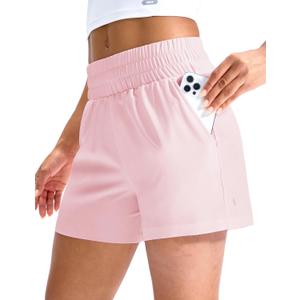 MIER Running Shorts for Women Quick Dry Mid Waisted Athletic Workout Gym Shorts with Mesh Liner, 4 Inch Inseam, 3 Pockets (Pink, S)