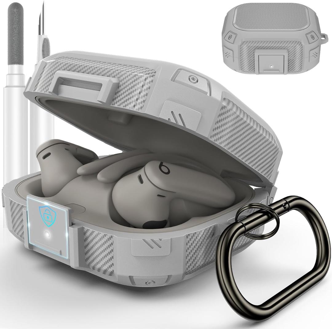 [Upgrade Secure Lock] for Beats Powerbeats Pro 2 Case Cover, LDSXAY Carbon Fiber Shockproof Protective Cover for Powerbeats Pro 2 2025 with Cleaner Kit & Carabiner (Grey)